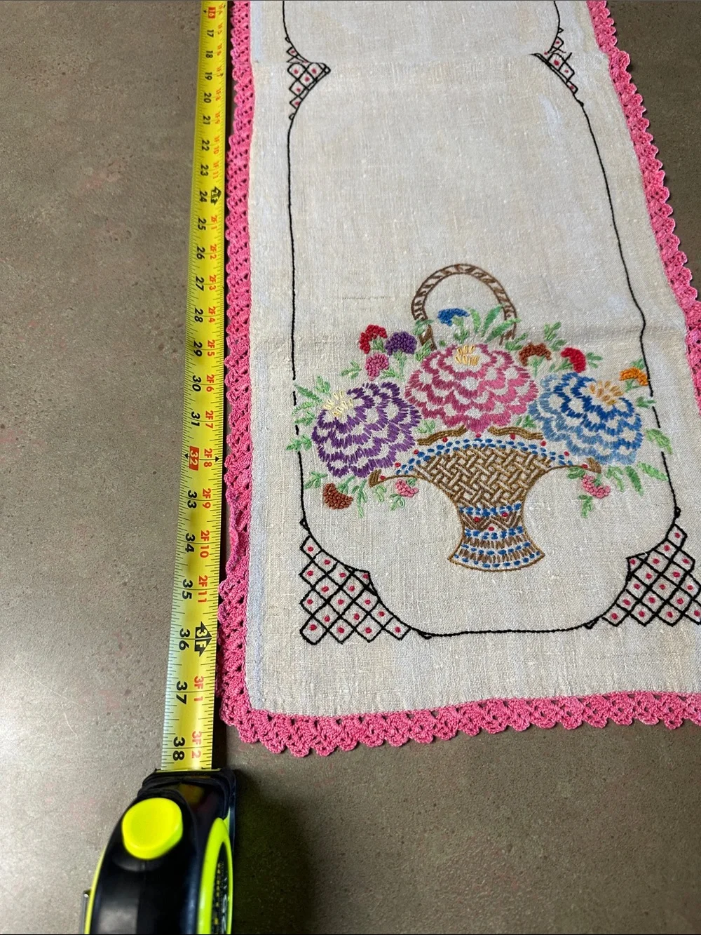 Vintage Hand-Embroidered Linen Floral Basket Table Runner - Pink Trim 38”
